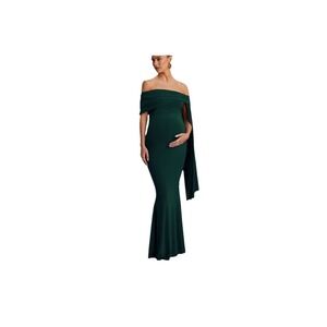 AQUILA Bottle Emerald Green Bardot Maternity Maxi Dress Size 12 Draped Detail
